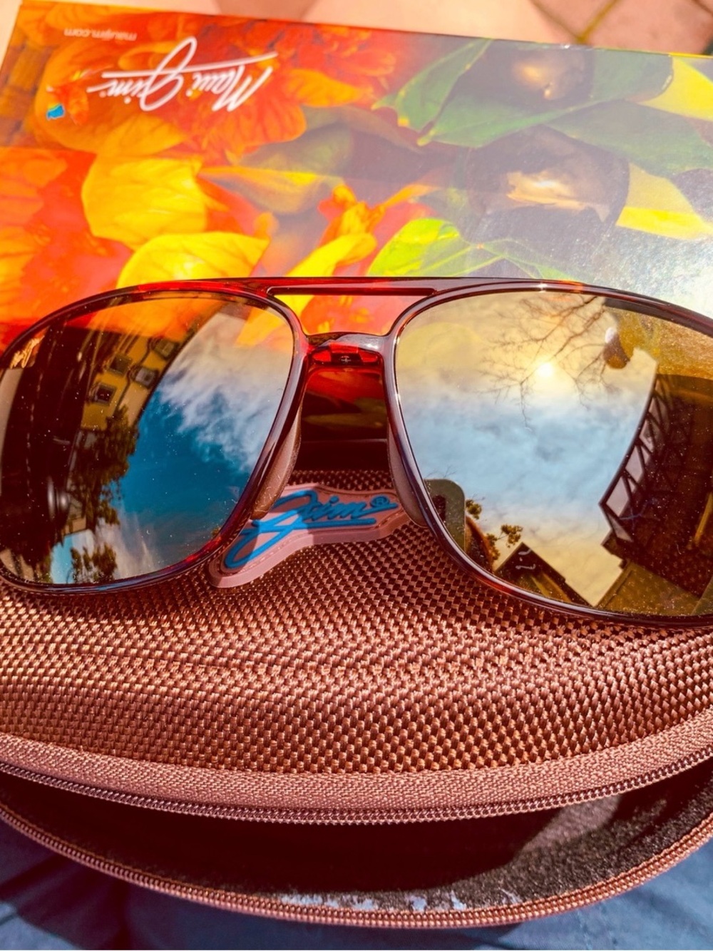Maui Jim Brown Textured Sunglass Case with Blue Logo